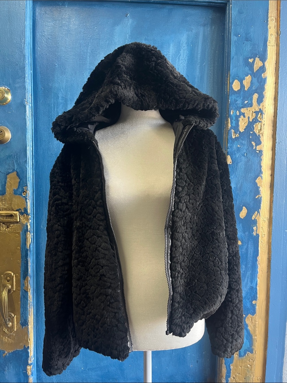 Steve Madden Black Faux Fur Hooded Zip Sweater